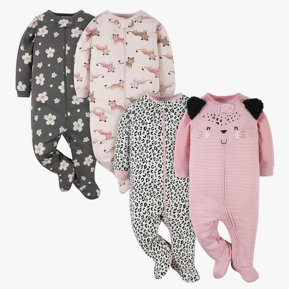 Gerber Baby Girls' 4 Pack Sleep 'N Play Footie Leopard Pink NWT 3-6 Months